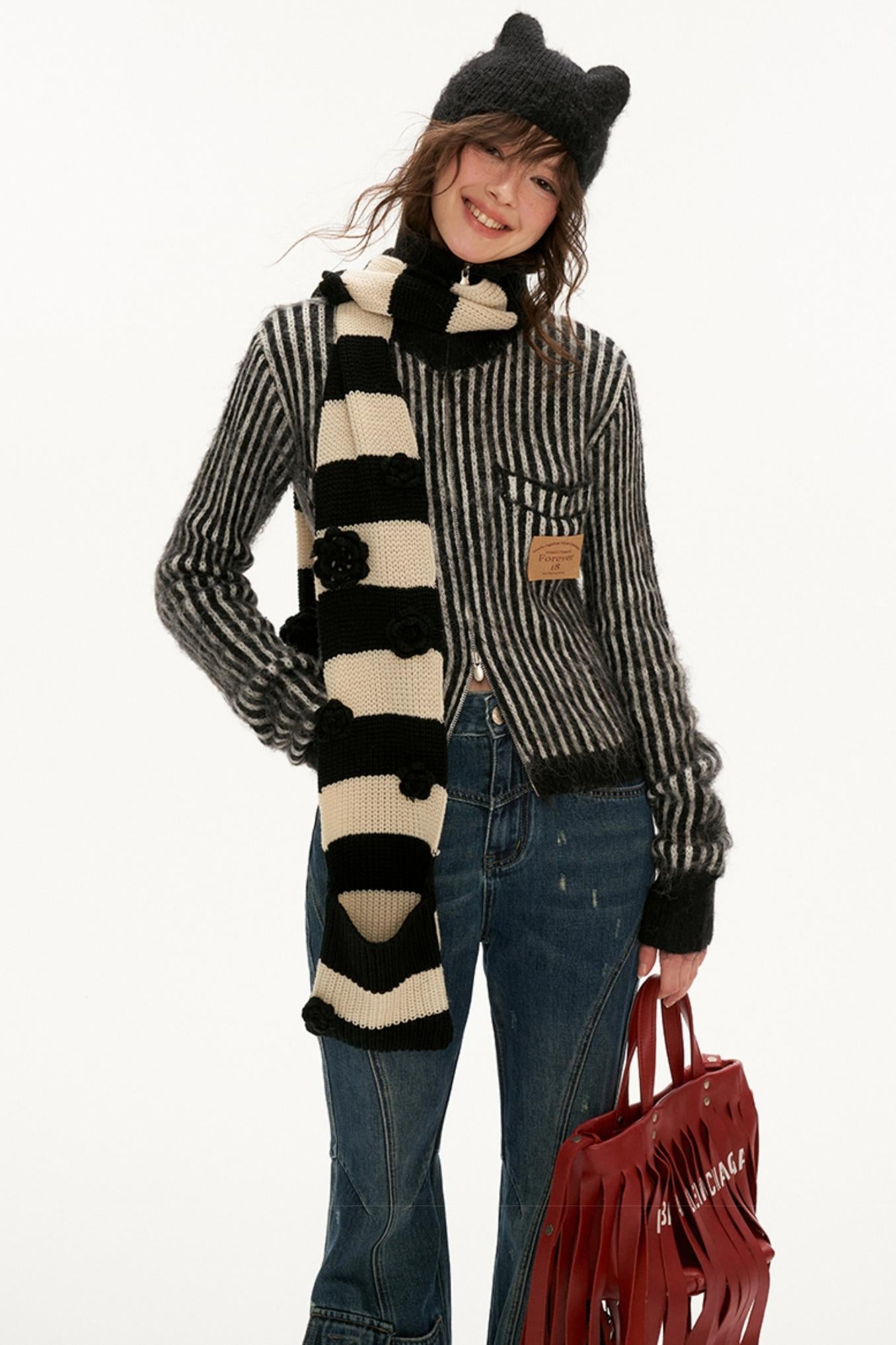 Hooded Grab Striped Sweater