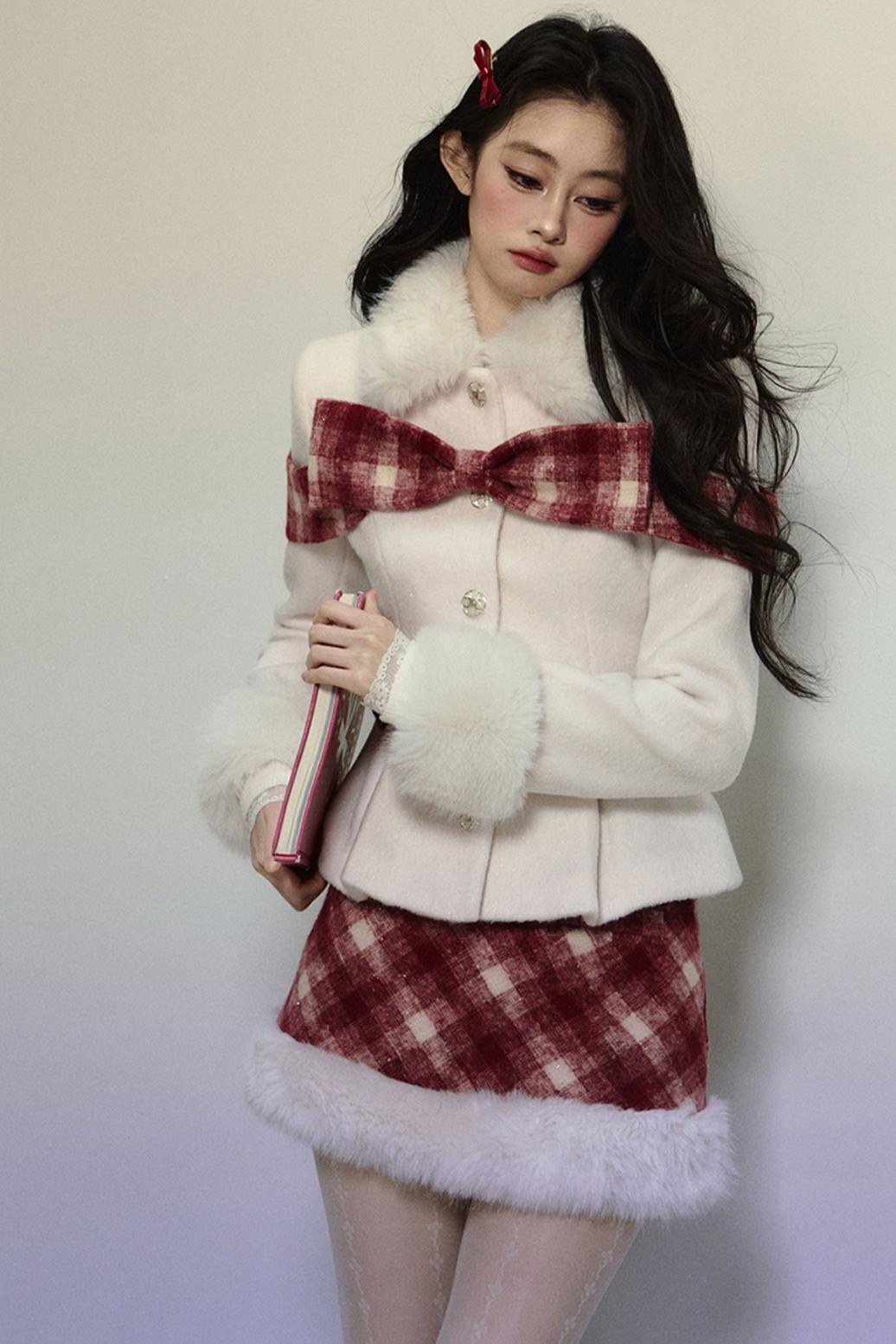 High-End Woolen Jacket & Checkered Skirt Set-Up