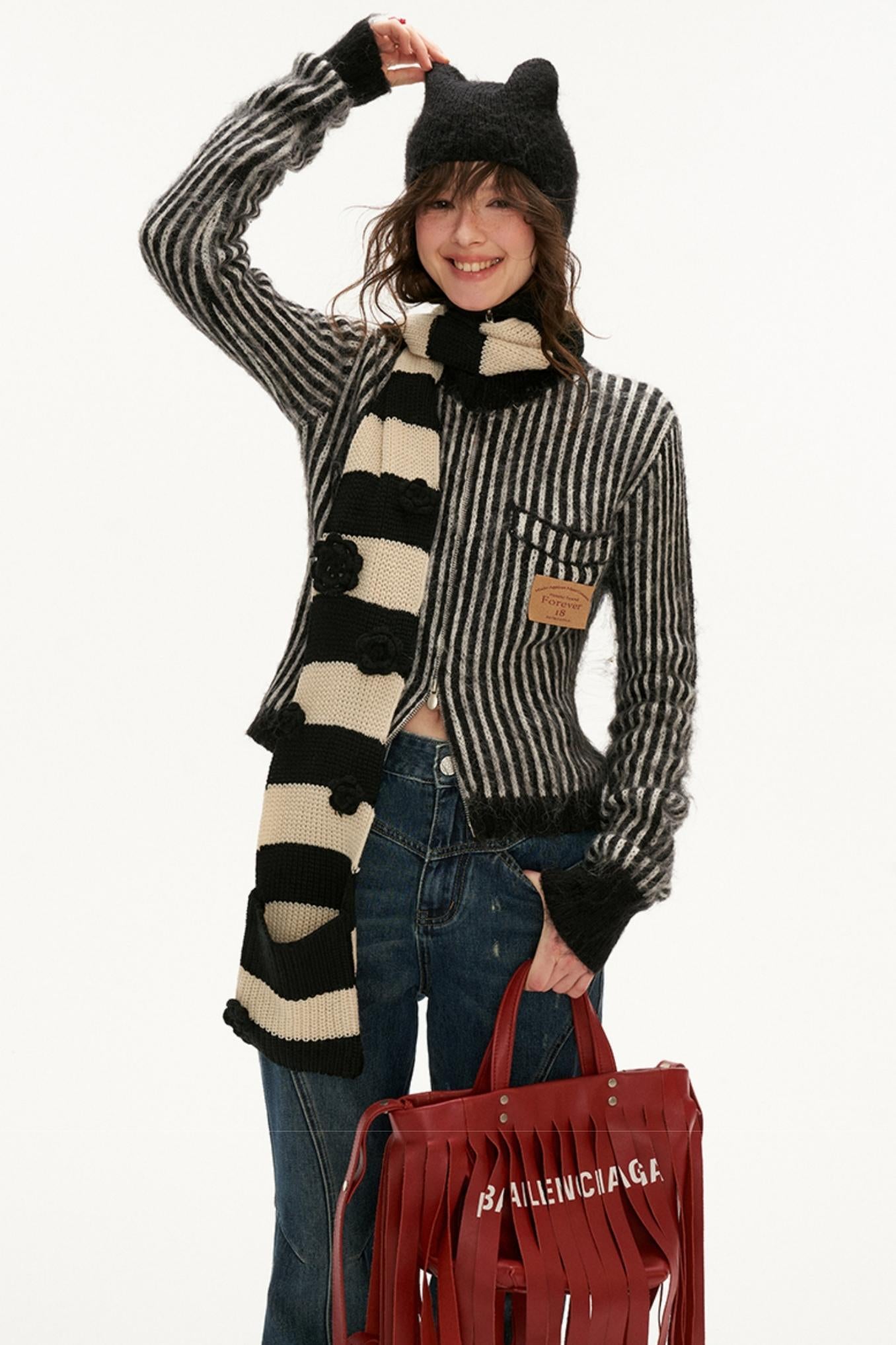 Hooded Grab Striped Sweater