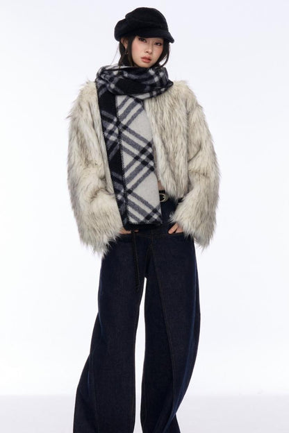 Contrast Eco-Fur Jacket & Scarf