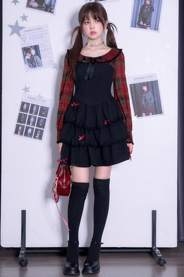 체크 그리드 케이크 드레스 