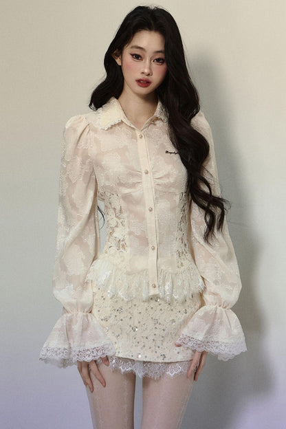 French Lace Slim Long Sleeve Shirt