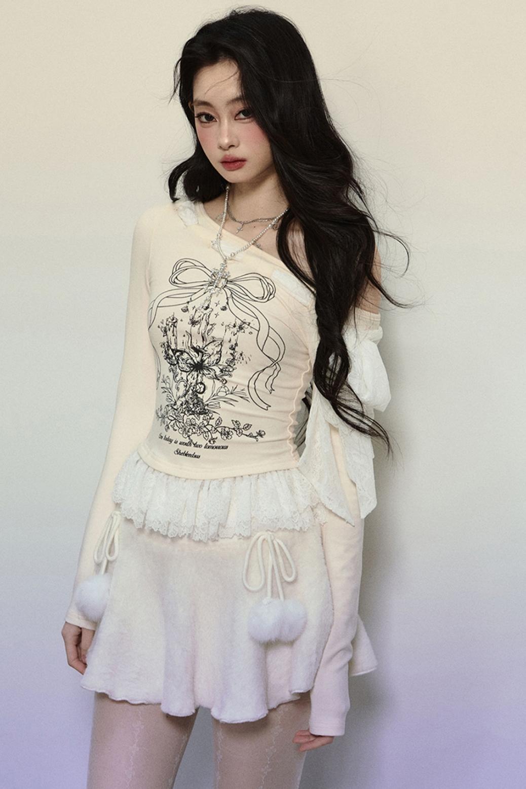 Lace Slanted Shoulder Long Sleeve Tops