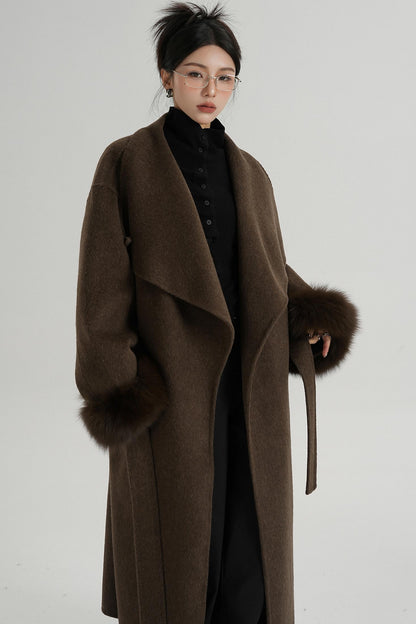 Fur Sleeve Long Woolen Coat