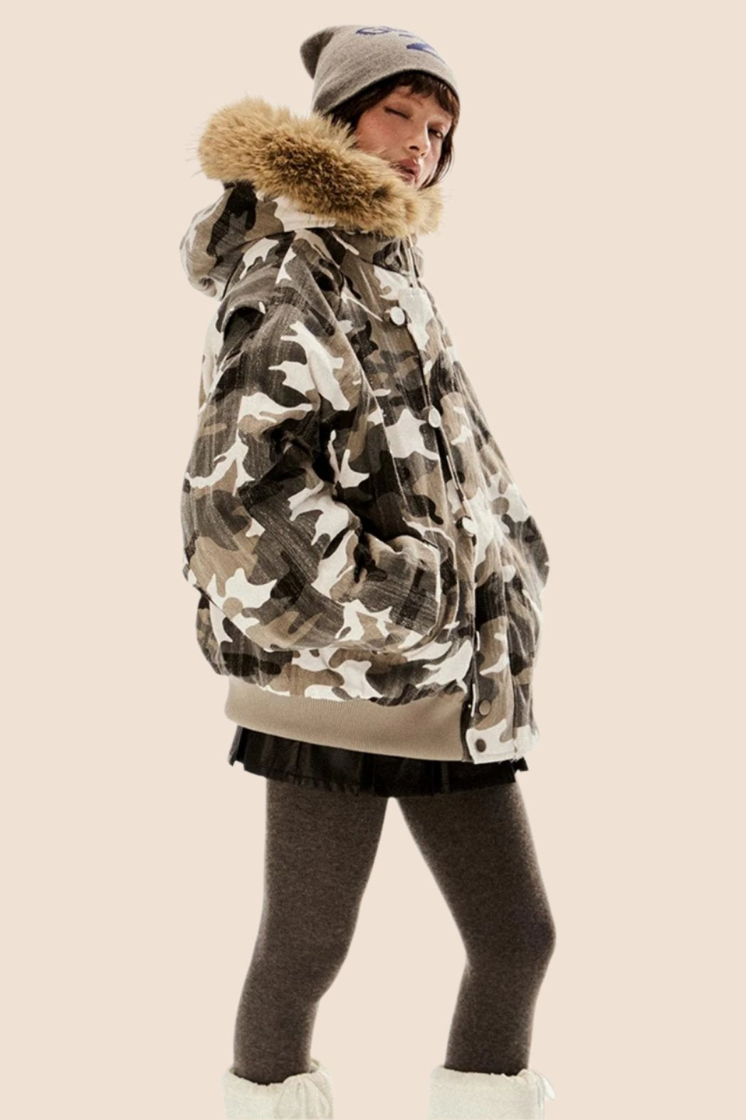 Retro Camouflage Fur Hooded Jacket