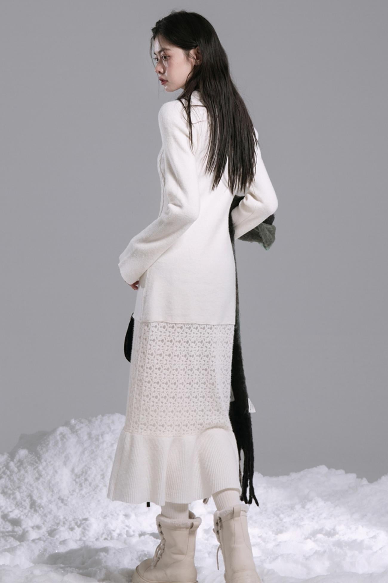 Lace-Panel Woolen Dress