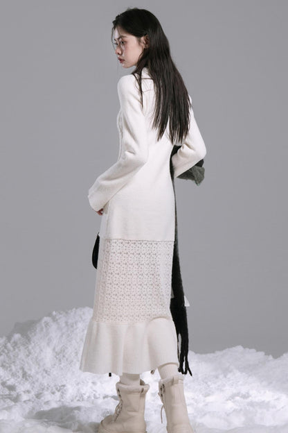 Lace-Panel Woolen Dress