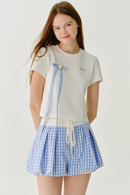 리본 디테일 레터 프린트 티셔츠 