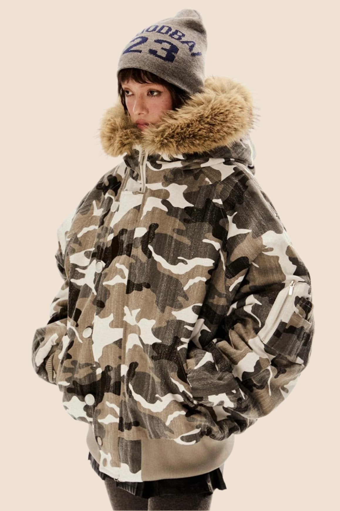 Retro Camouflage Fur Hooded Jacket