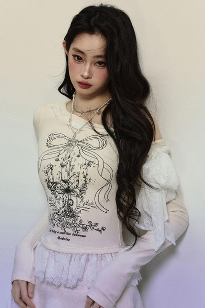 Lace Slanted Shoulder Long Sleeve Tops