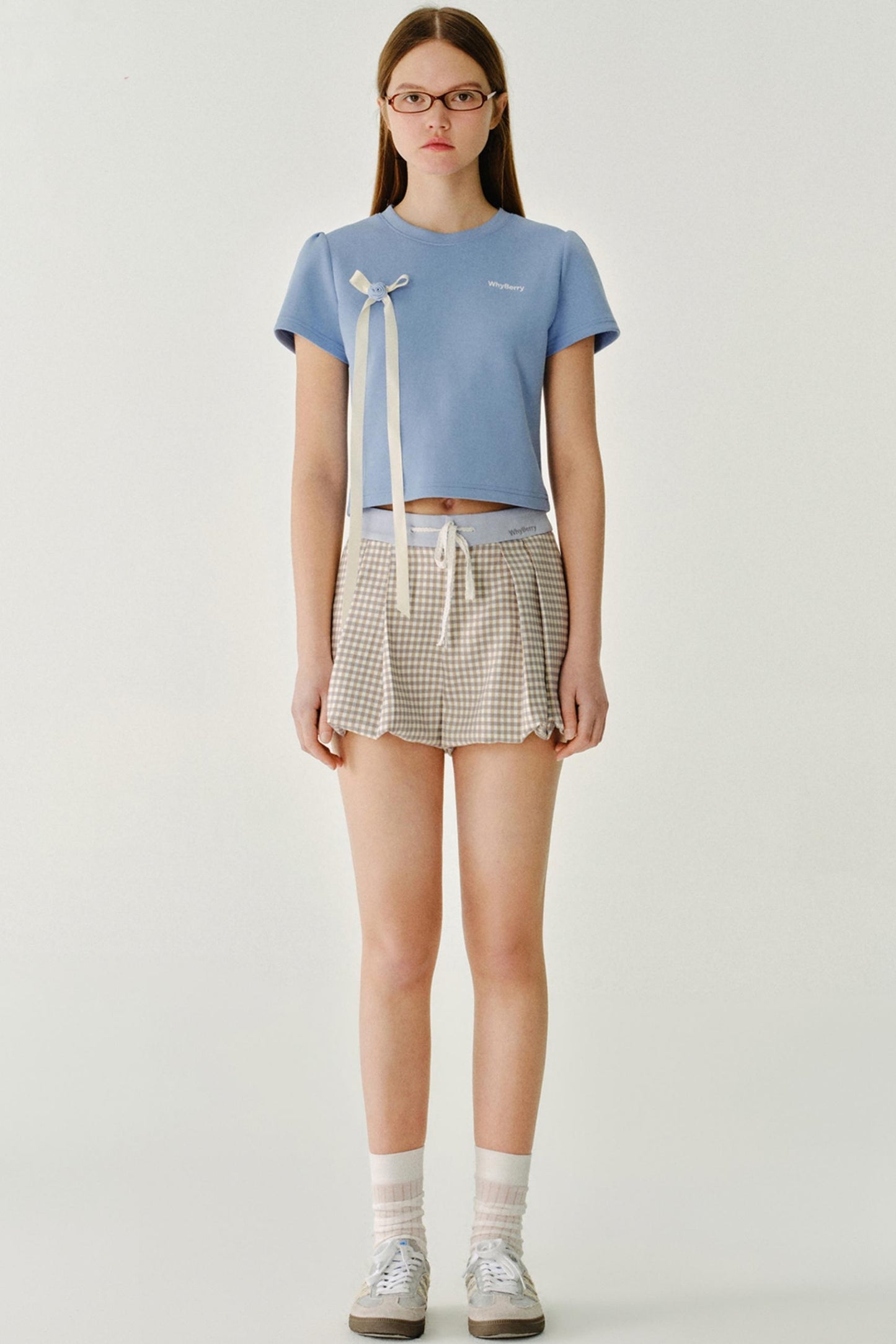 리본 디테일 레터 프린트 티셔츠 