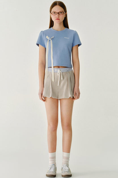 리본 디테일 레터 프린트 티셔츠 