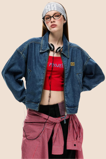 Loose Cargo Crop Denim Jacket