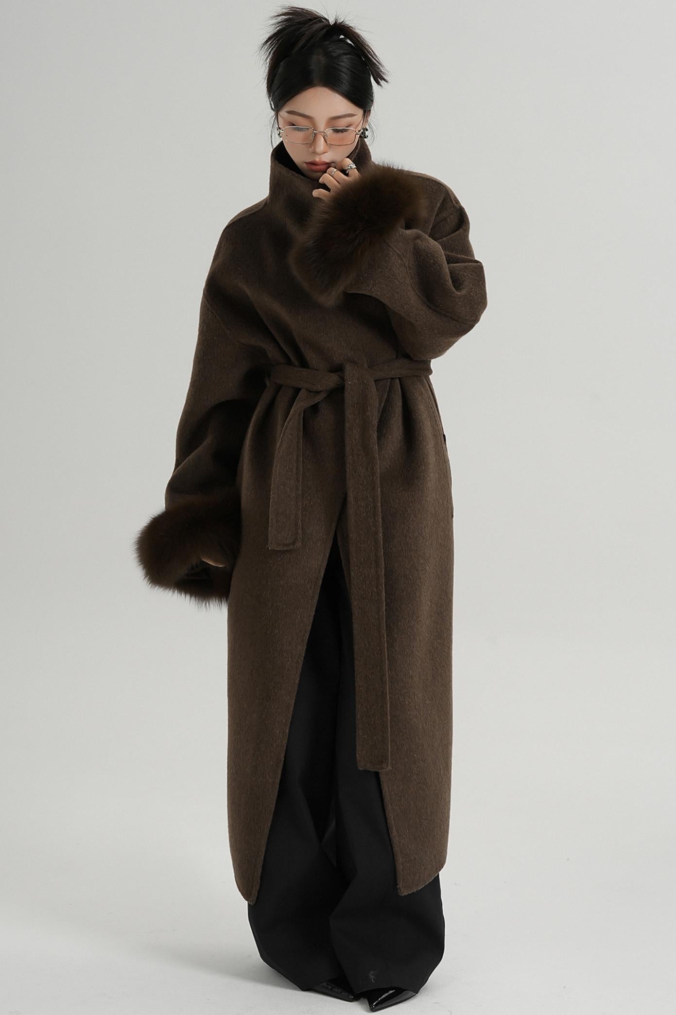 Fur Sleeve Long Woolen Coat