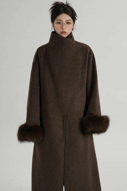 Fur Sleeve Long Woolen Coat