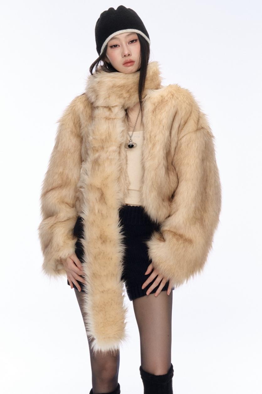 Contrast Eco-Fur Jacket & Scarf