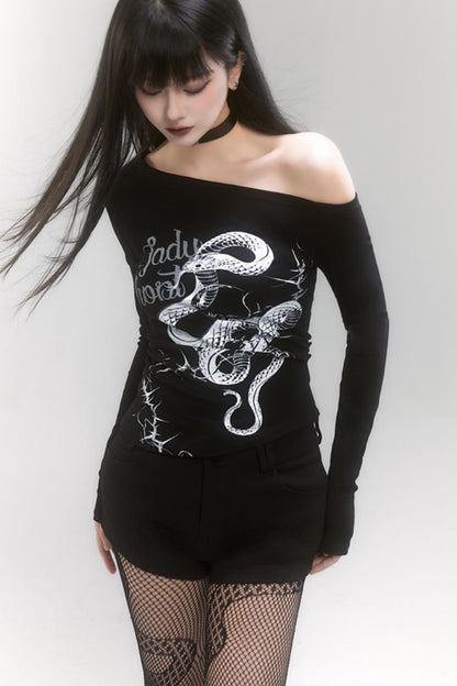 Das ursprüngliche Neujahrsgewand des Schlangenjahres von Ghost Girl, One-Shoulder-Top, scharfes und würziges figurbetontes langärmeliges T-Shirt, heißes Mädchen-Outfit 