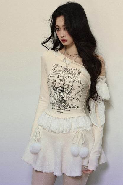 Lace Slanted Shoulder Long Sleeve Tops