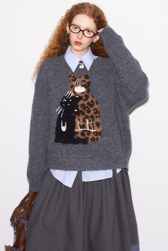 Leopard Print Embroidered Pullover Sweater