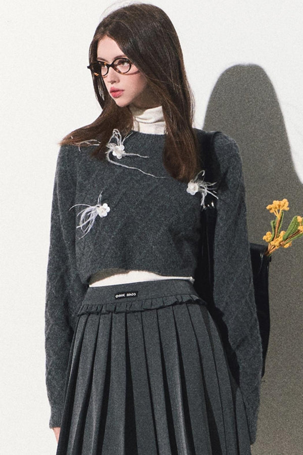 Beaded Crewneck Wool Knit Sweater