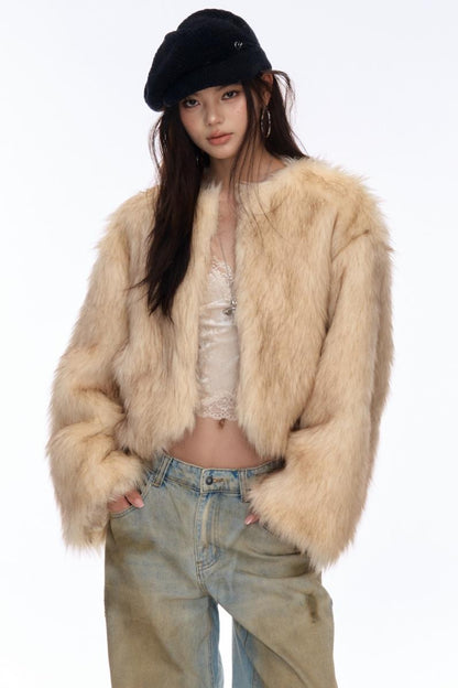 Contrast Eco-Fur Jacket & Scarf