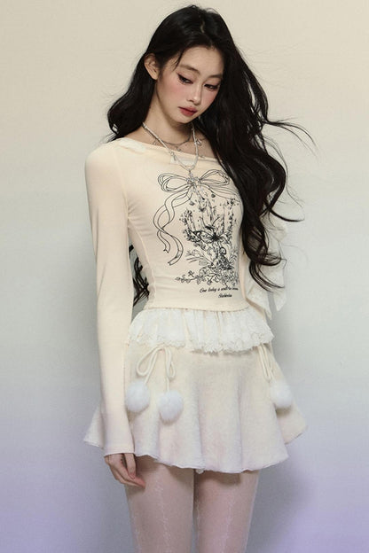 Lace Slanted Shoulder Long Sleeve Tops