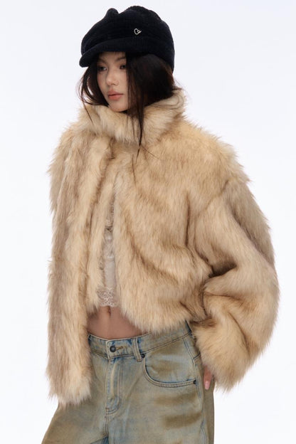 Contrast Eco-Fur Jacket & Scarf