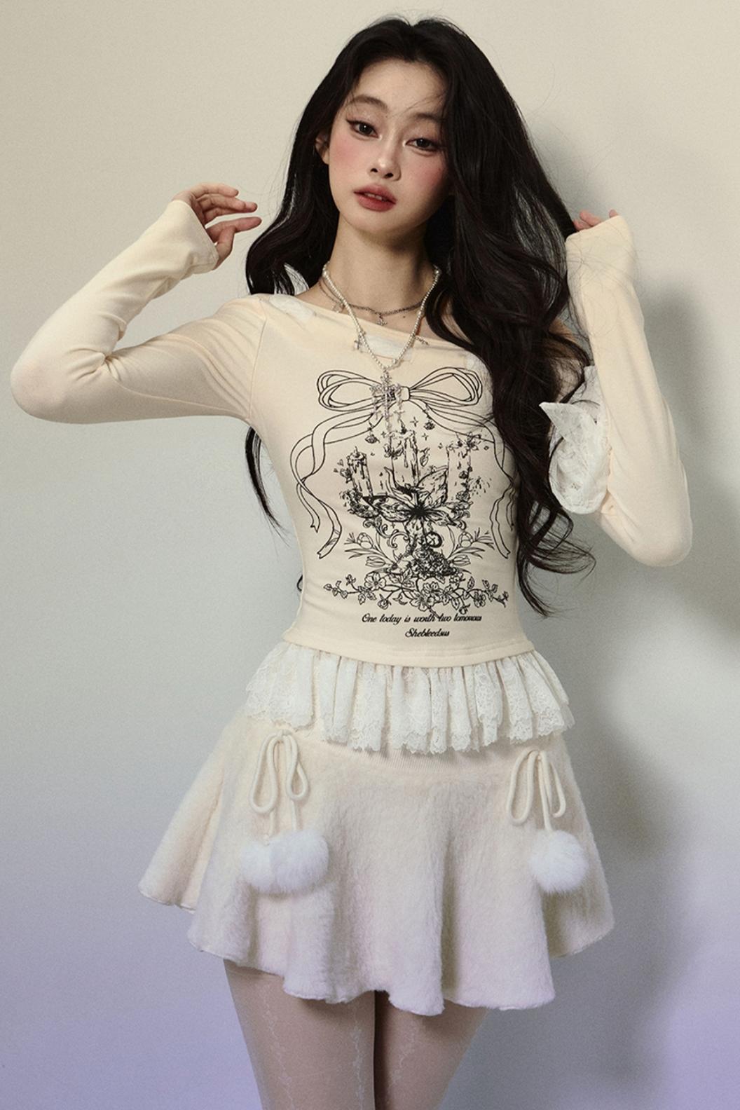 Lace Slanted Shoulder Long Sleeve Tops