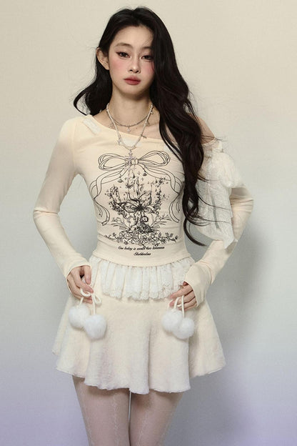 Lace Slanted Shoulder Long Sleeve Tops