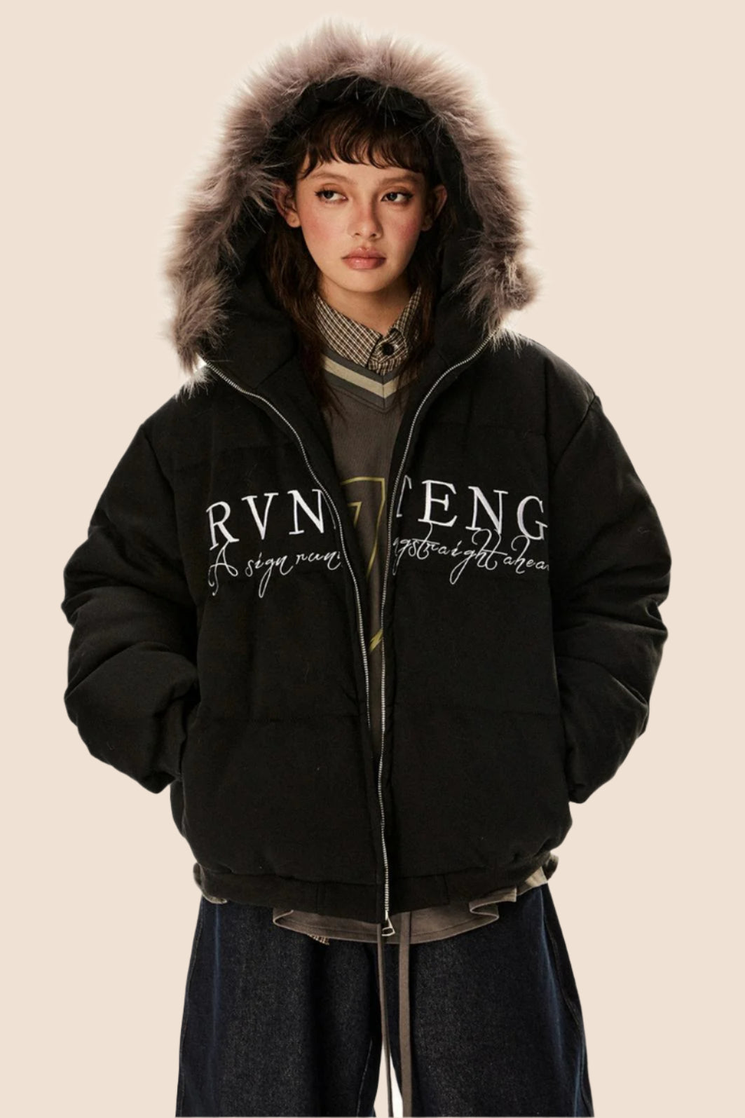 Retro Letter Embroidery Warm Hooded Jacket