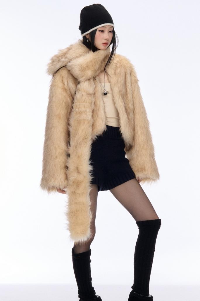 Contrast Eco-Fur Jacket & Scarf