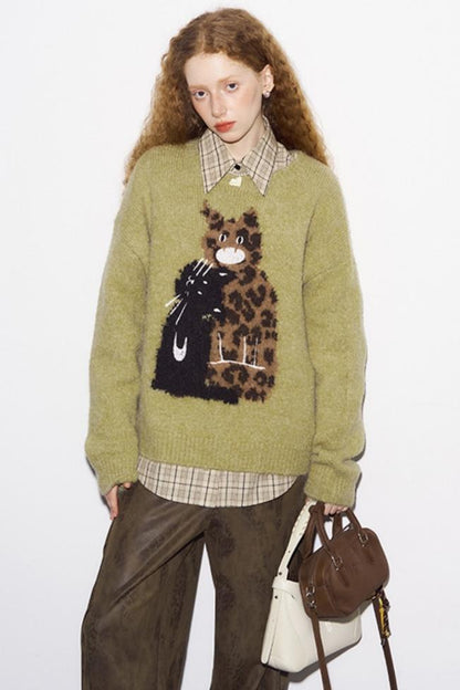 Leopard Print Embroidered Pullover Sweater