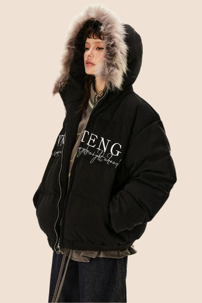 Retro Letter Embroidery Warm Hooded Jacket