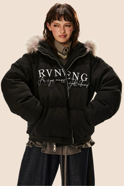 Retro Letter Embroidery Warm Hooded Jacket