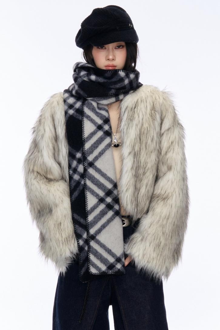 Contrast Eco-Fur Jacket & Scarf