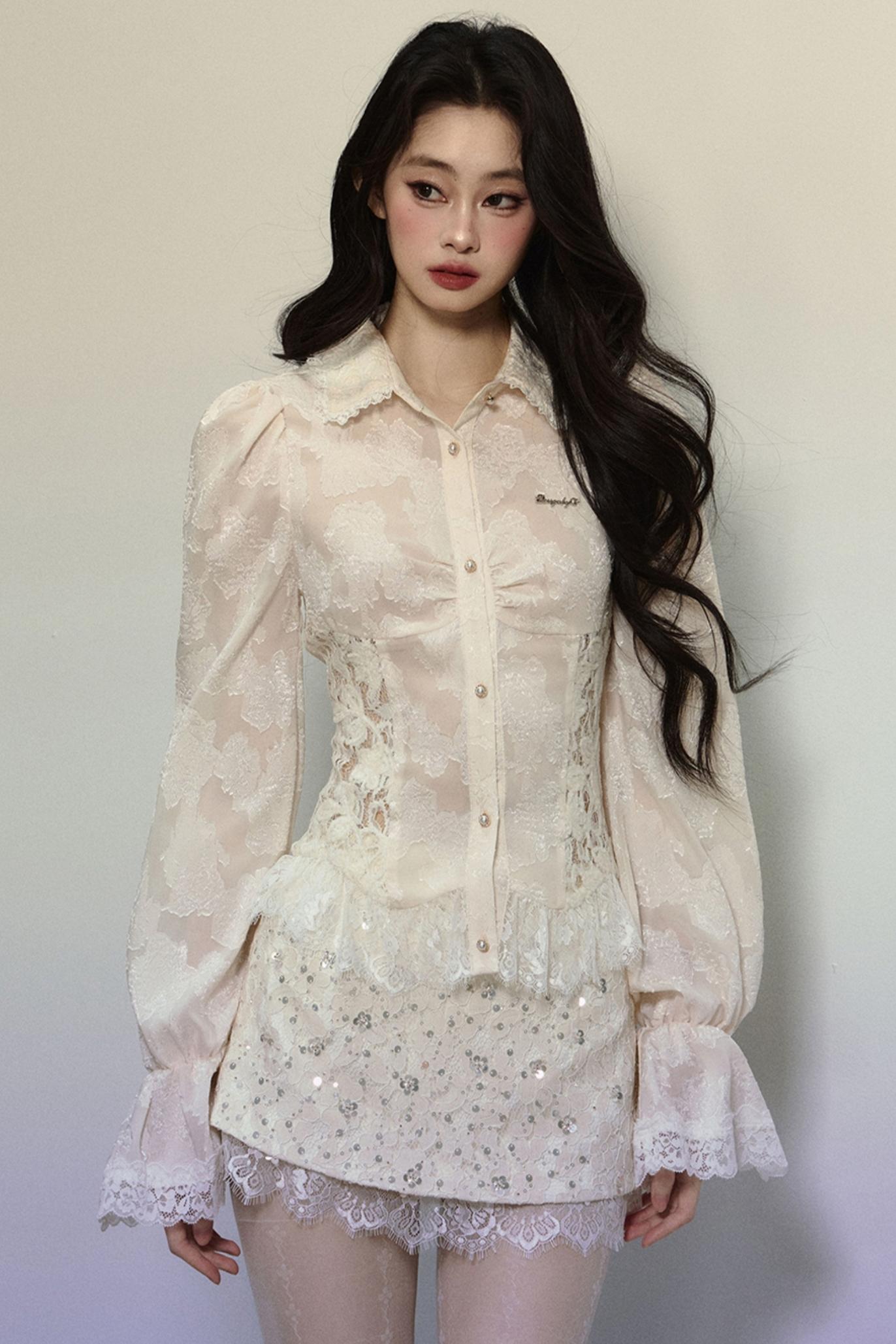 French Lace Slim Long Sleeve Shirt