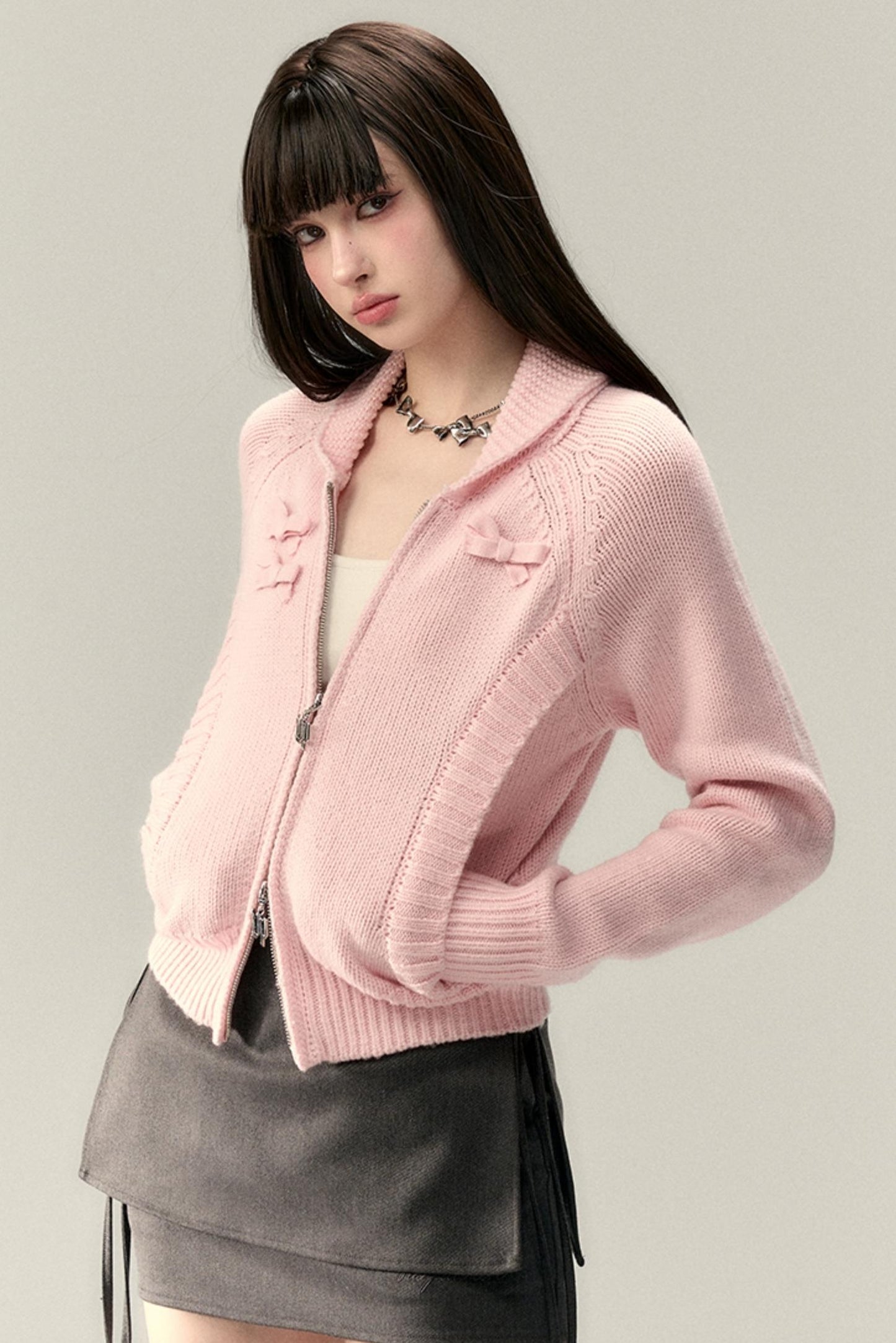 Three-Dimensional Ribbon Pocket Cardigan