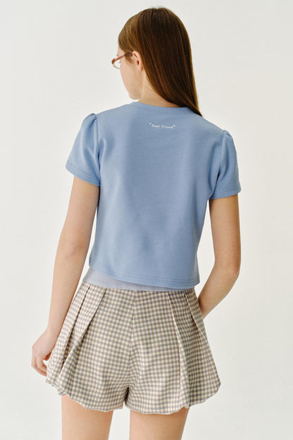 리본 디테일 레터 프린트 티셔츠 