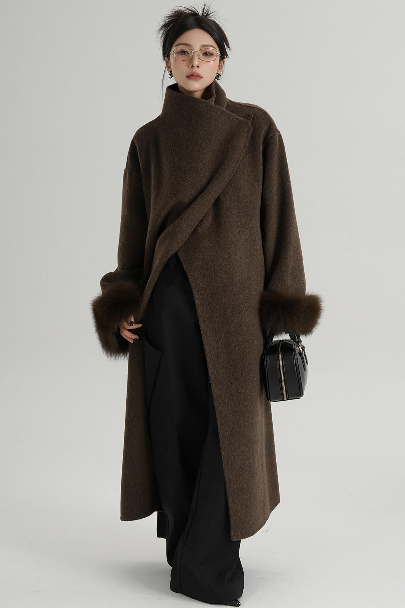 Fur Sleeve Long Woolen Coat