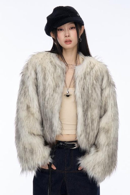 Contrast Eco-Fur Jacket & Scarf