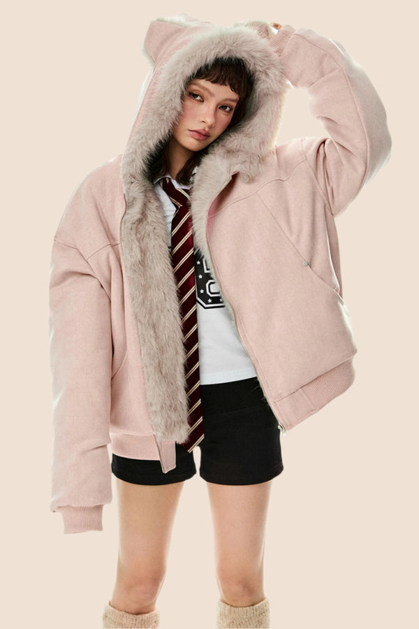 울 스웨이드 모피 후드 재킷 