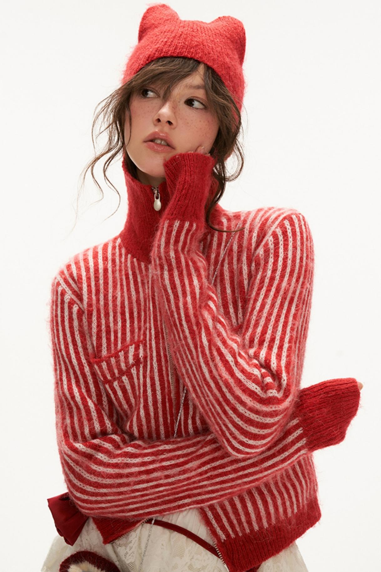 Hooded Grab Striped Sweater