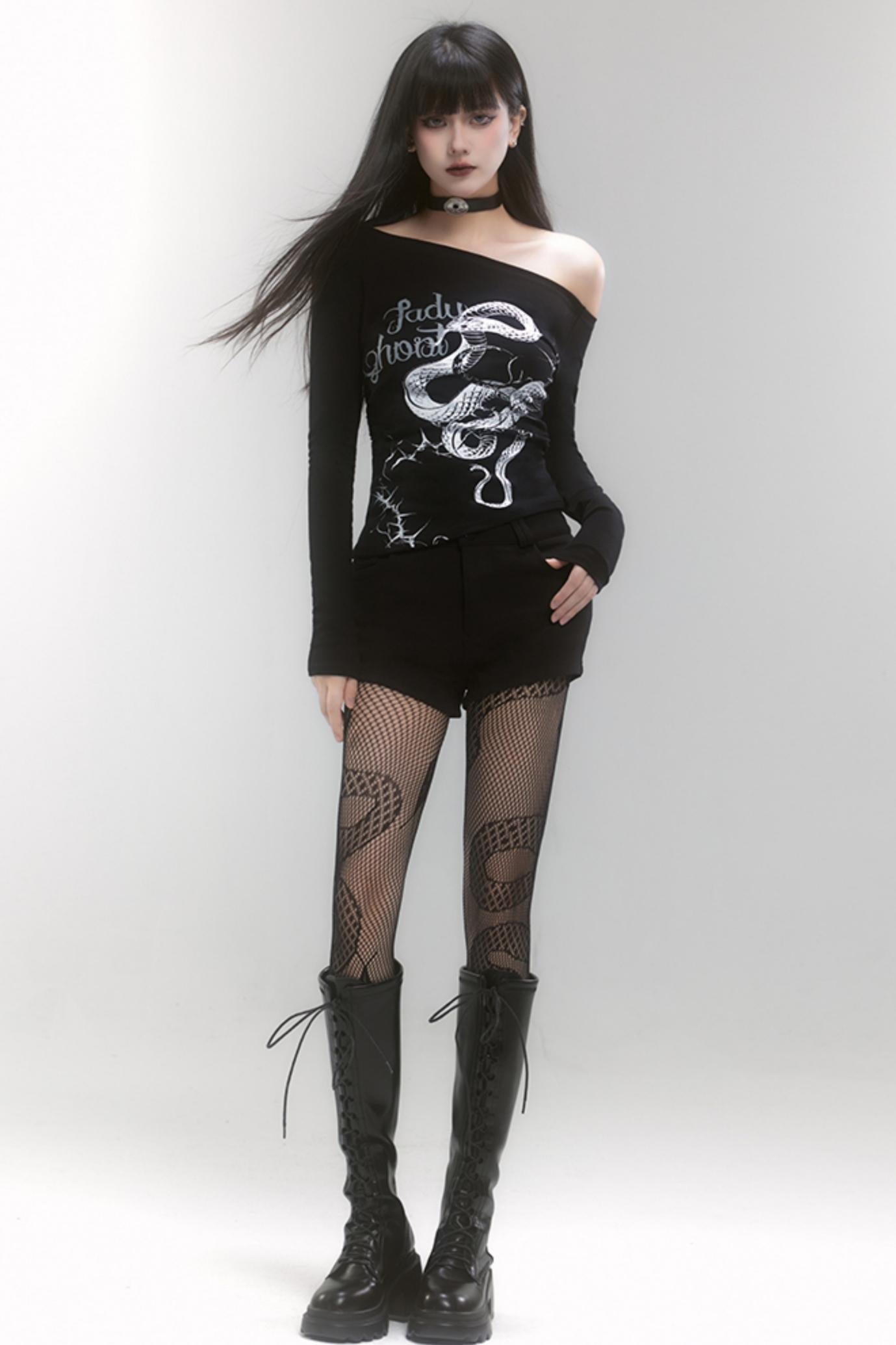 Das ursprüngliche Neujahrsgewand des Schlangenjahres von Ghost Girl, One-Shoulder-Top, scharfes und würziges figurbetontes langärmeliges T-Shirt, heißes Mädchen-Outfit 