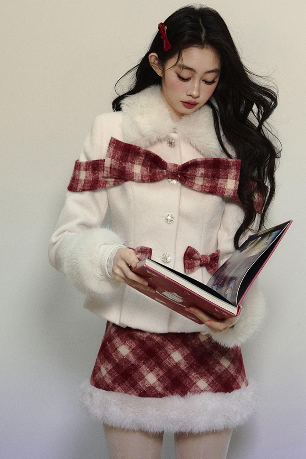 High-End Woolen Jacket & Checkered Skirt Set-Up