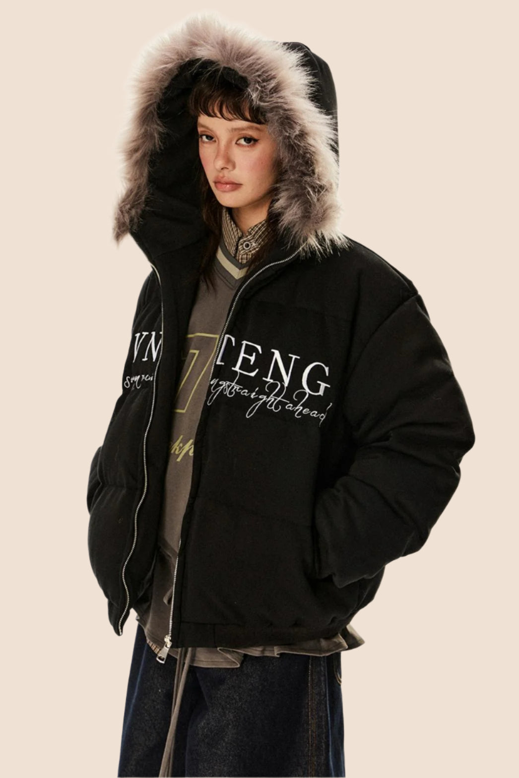 Retro Letter Embroidery Warm Hooded Jacket