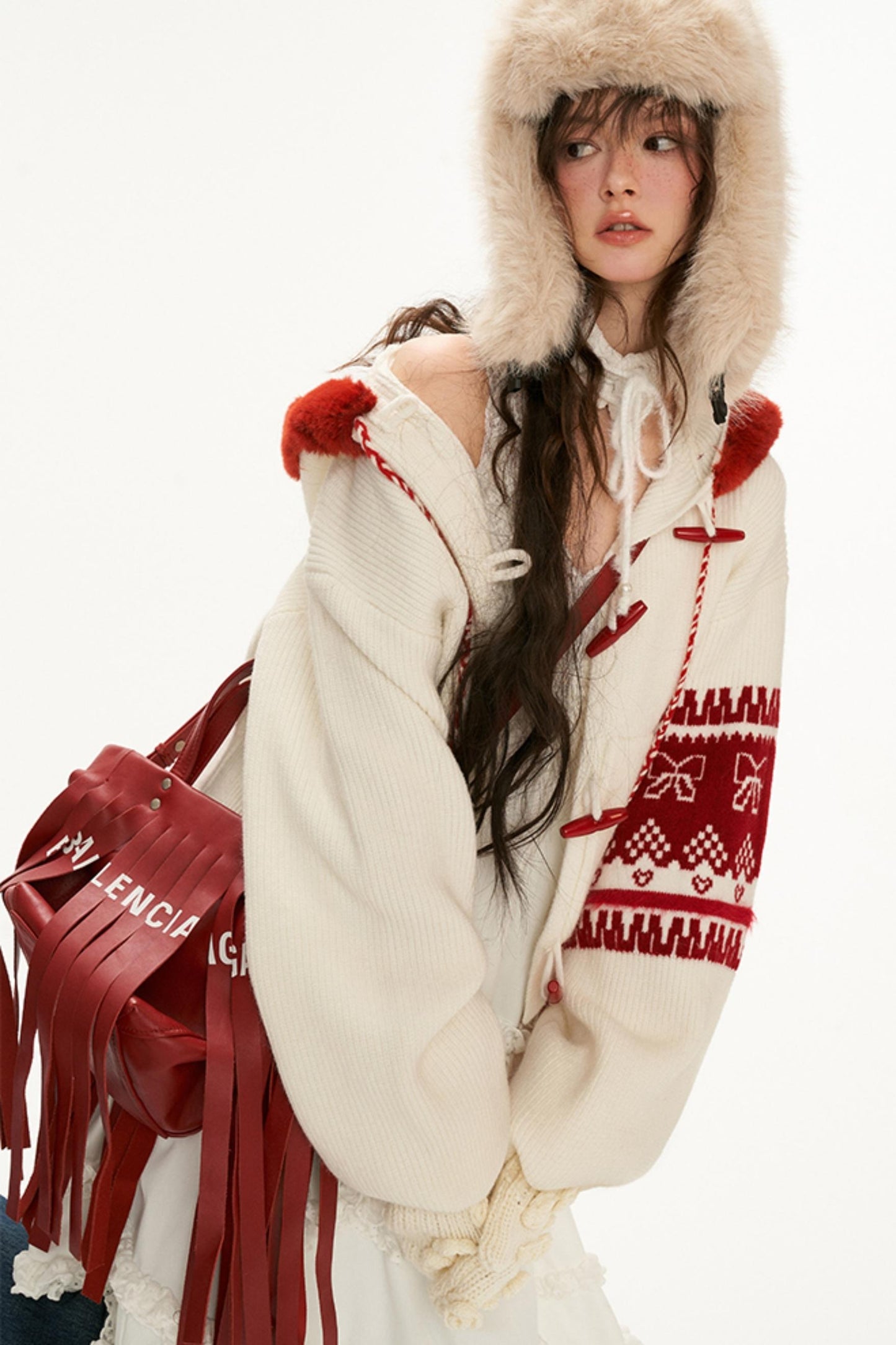 Patchwork Bow Jacquard Hooded Sweater Coat