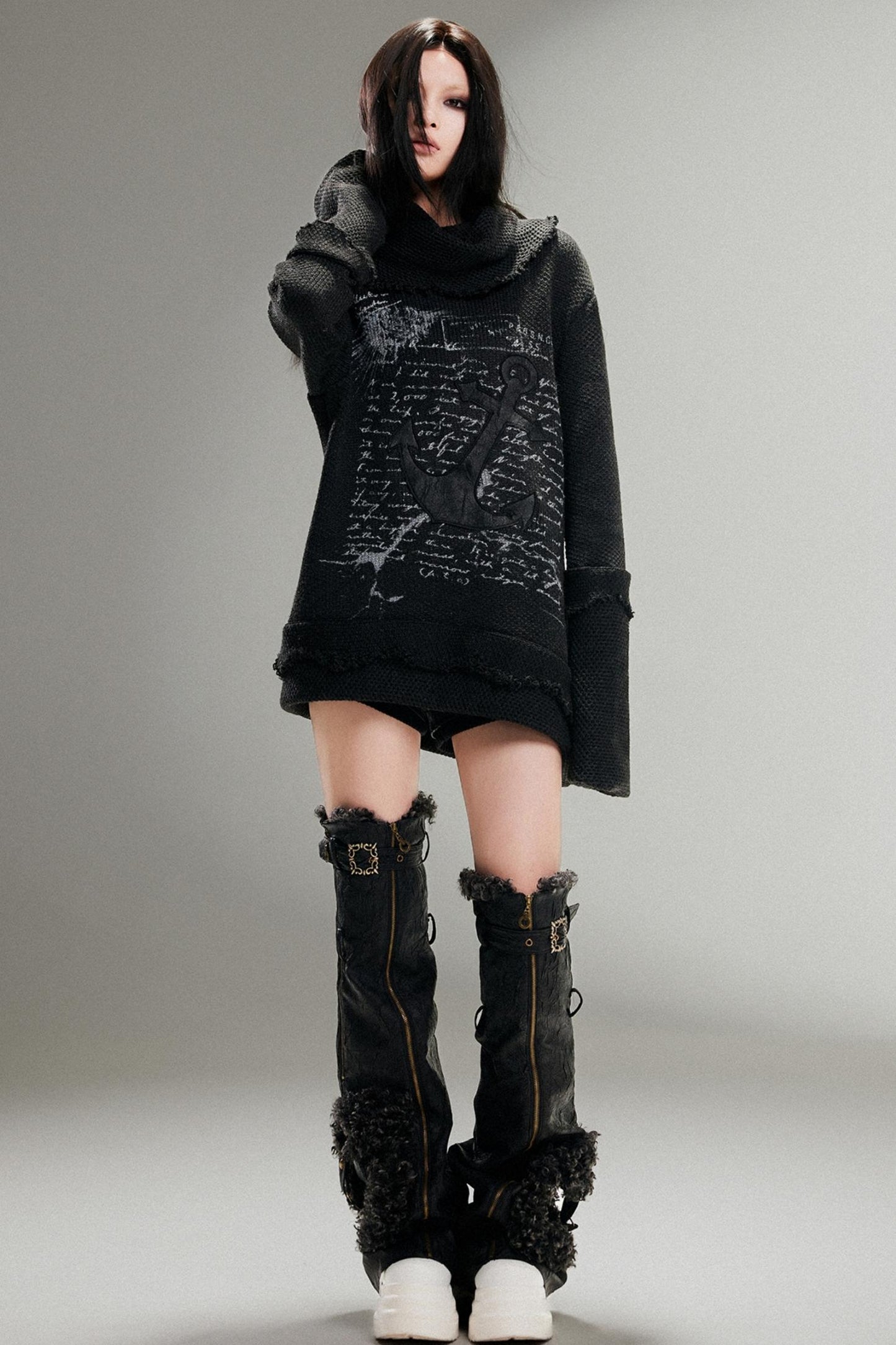 High Neck Anchor Print Loose Sweater