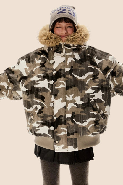 Retro Camouflage Fur Hooded Jacket