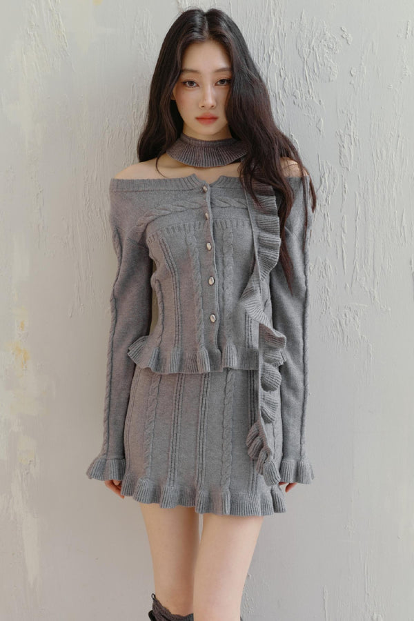 니트 탑 A라인 스커트 & 스카프 세트 