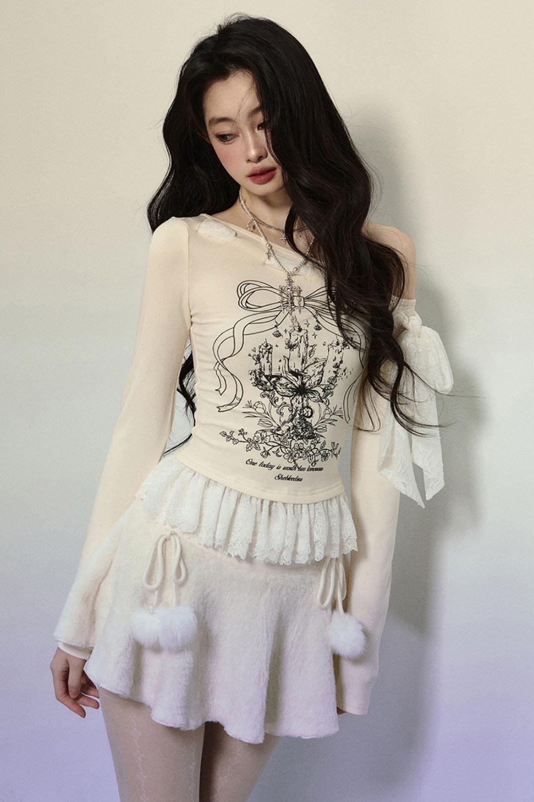 Lace Slanted Shoulder Long Sleeve Tops